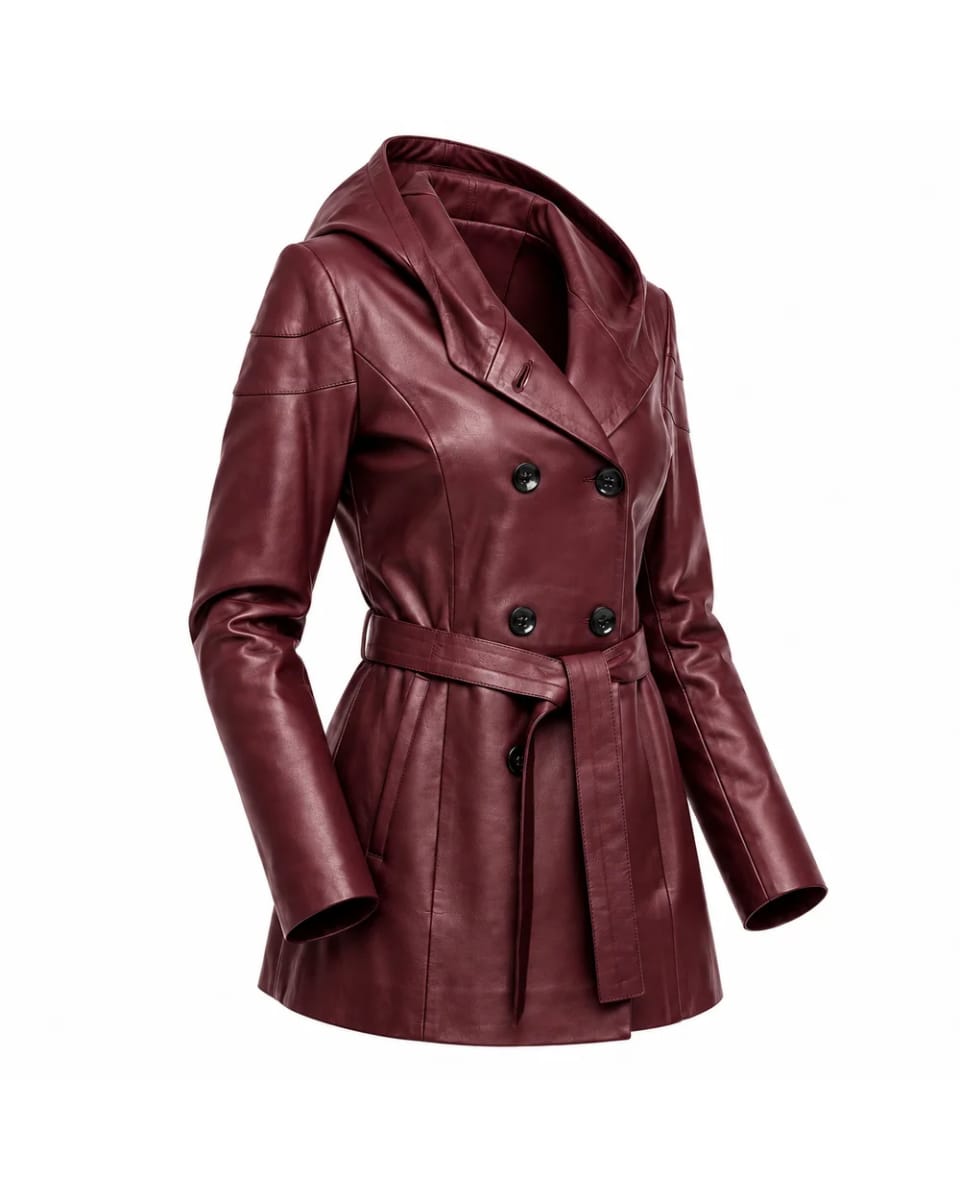 Cappotto in pelle da donna – Bordeaux – cappuccio, cintura e taglio svasato