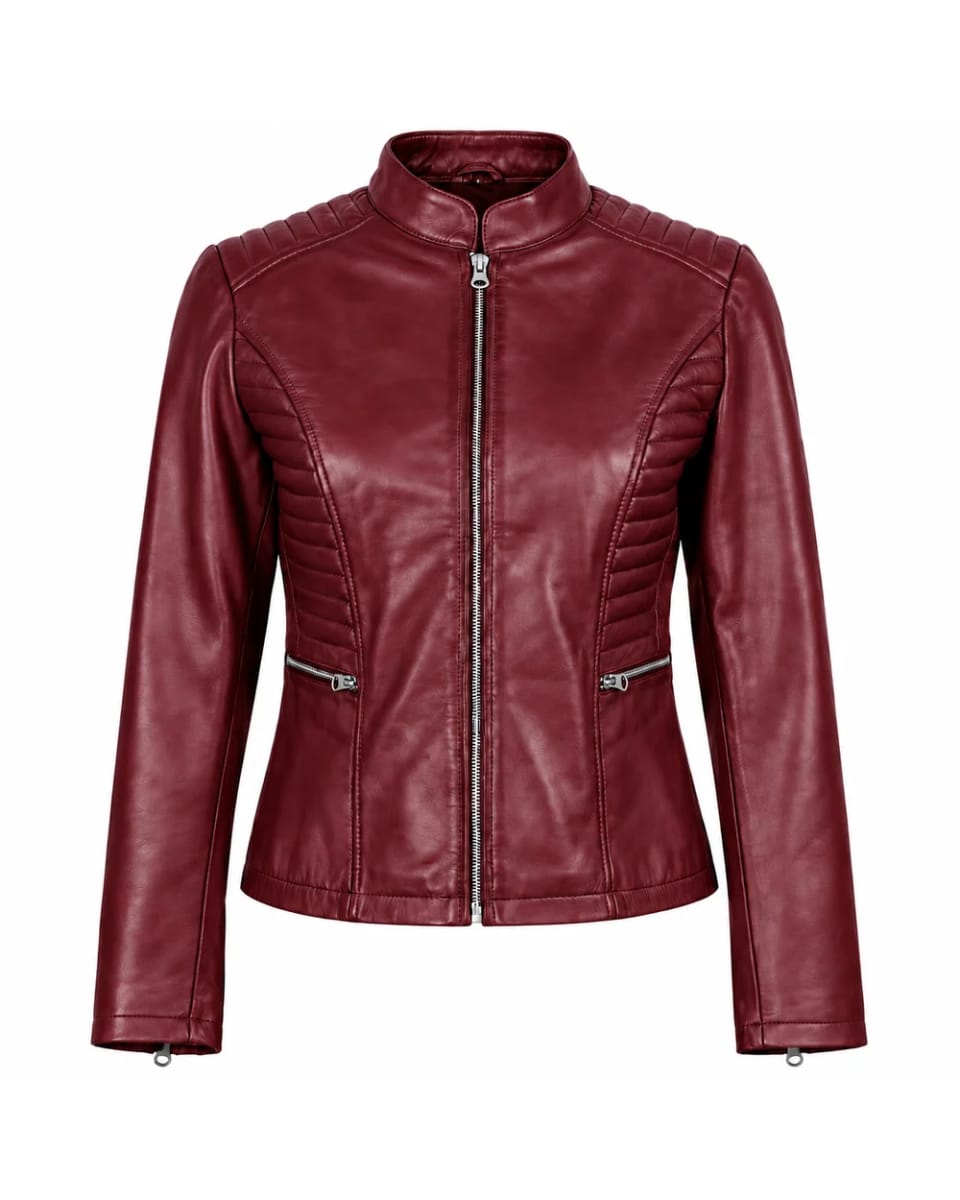 Chaqueta de cuero para mujer – Burdeos – paneles acolchados, estilo motero