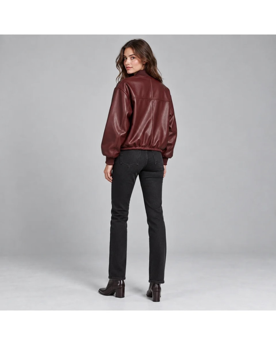 Chaqueta de cuero para mujer – Burdeos – cremallera delantera, estilo bomber