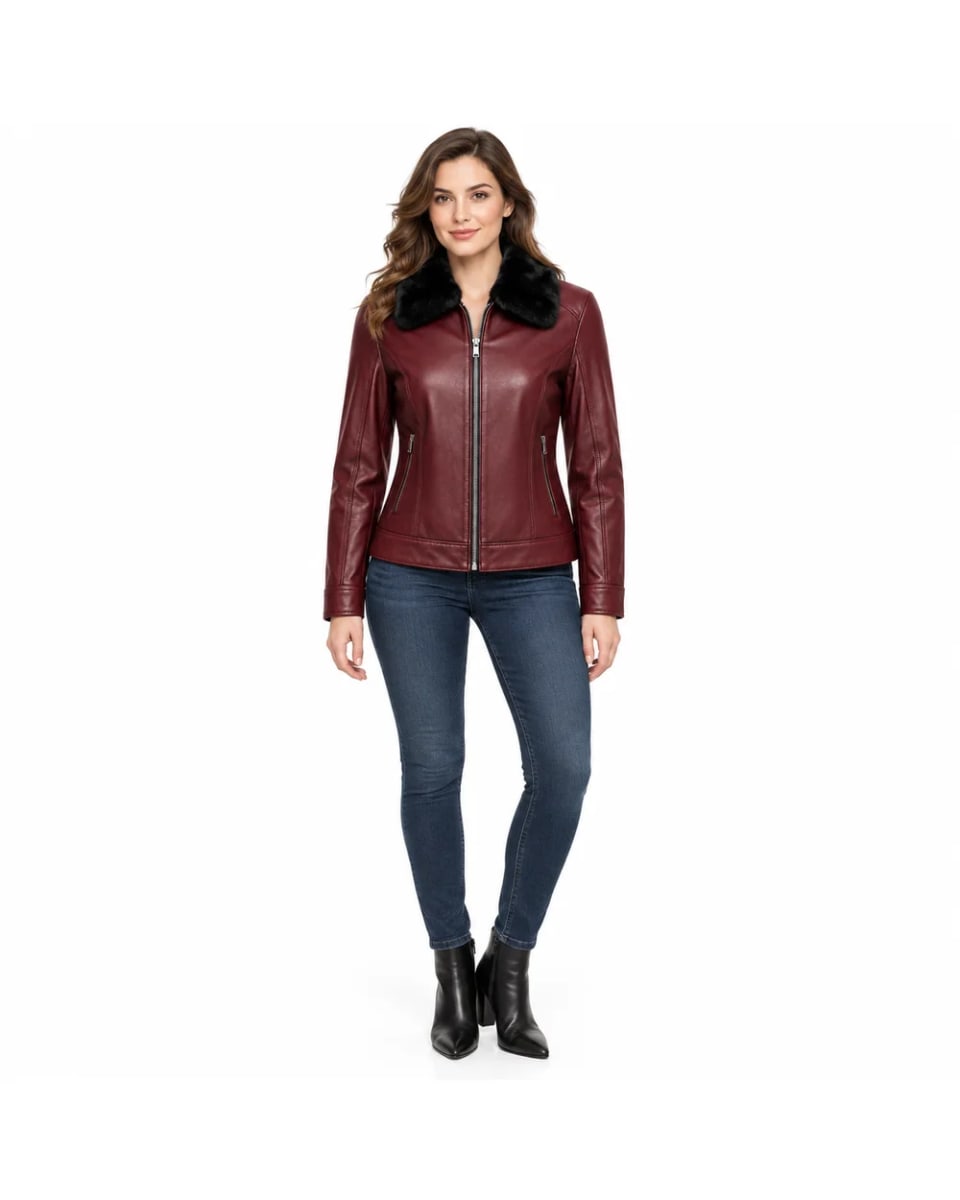 Lederjacke für Damen – Bordeaux – schmaler Schnitt mit Fellkragen