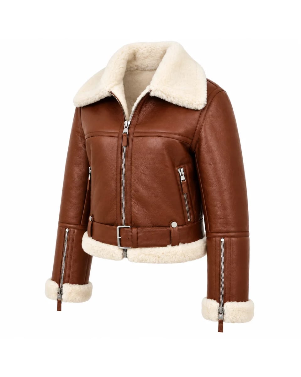 Lederjacke für Damen – Cognac – cremefarbene Abschlüsse und Reißverschlusstaschen