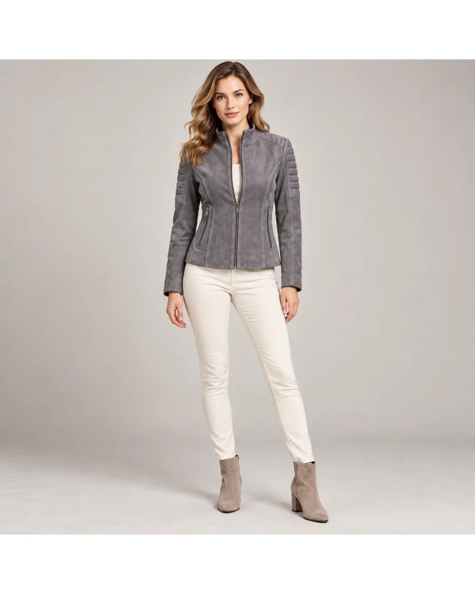 Wildlederjacke für Damen – Grau – gesteppte Schultern