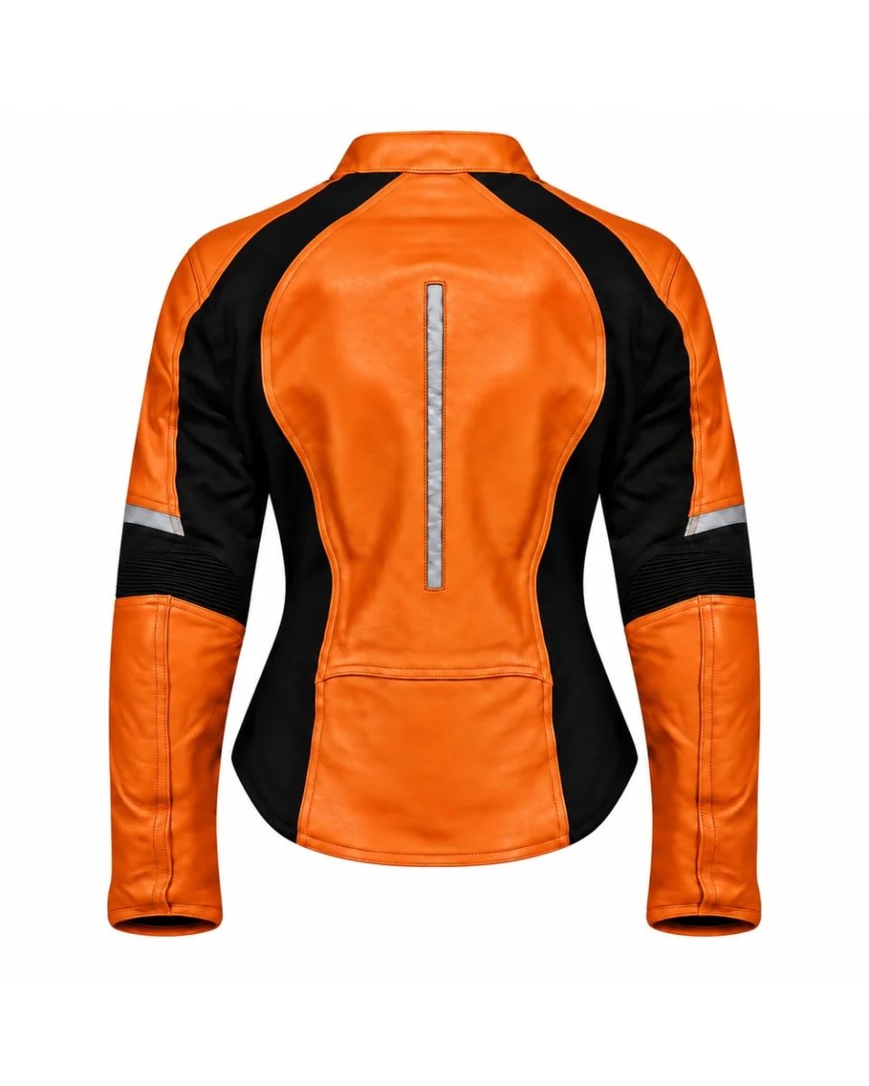 Chaqueta de cuero para mujer – Naranja / Negro – paneles a contraste, estilo motorista