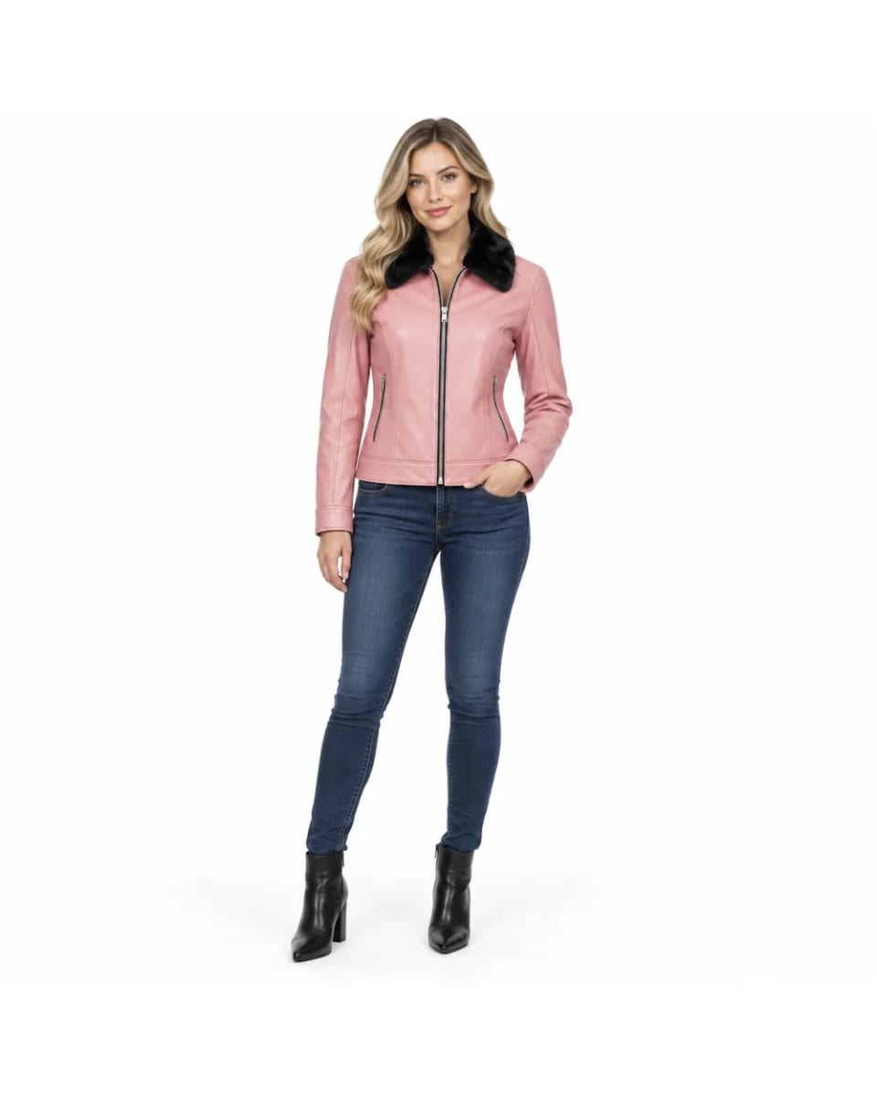 Giacca in pelle da donna – Rosa – taglio aderente e collo con bordo in pelliccia