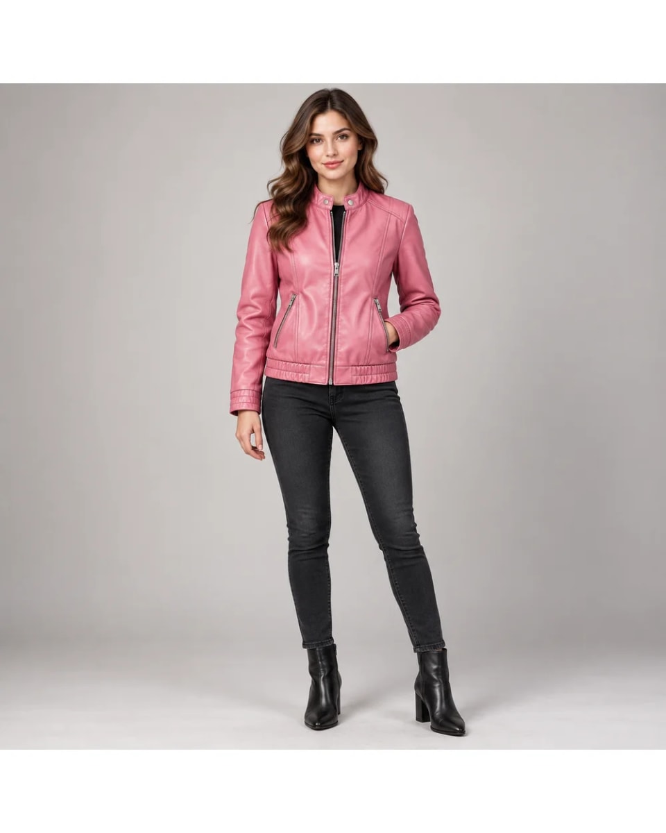 Giacca in pelle da donna – Rosa – collo con linguetta