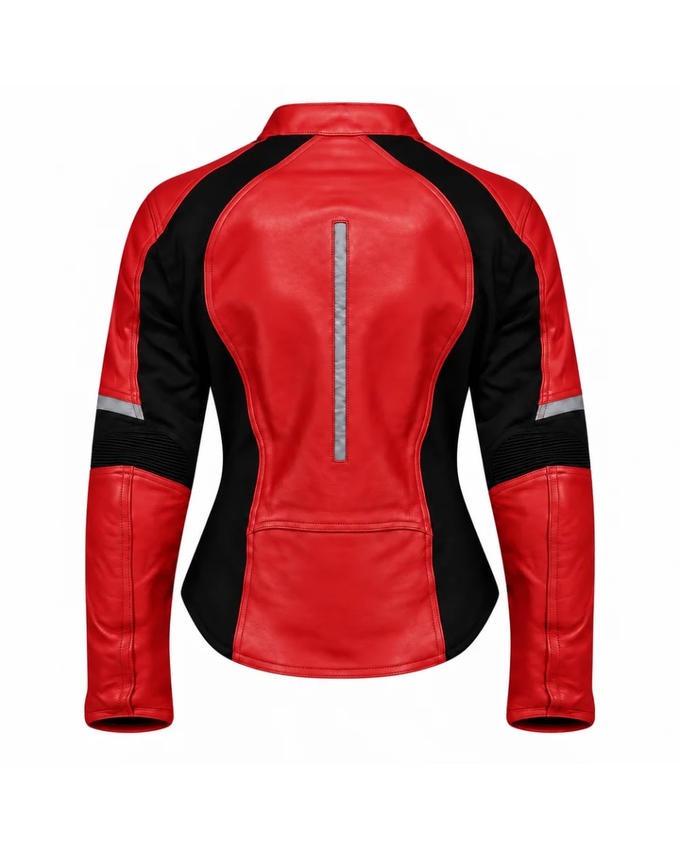 Giacca in pelle da donna – Rosso / Nero – inserti a contrasto, stile motociclista