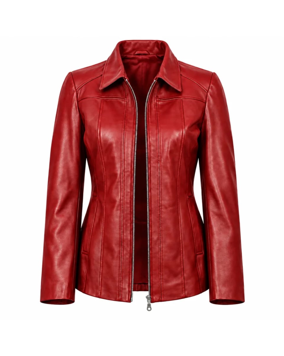 Giacca in pelle da donna – Rosso – collo e chiusura con zip