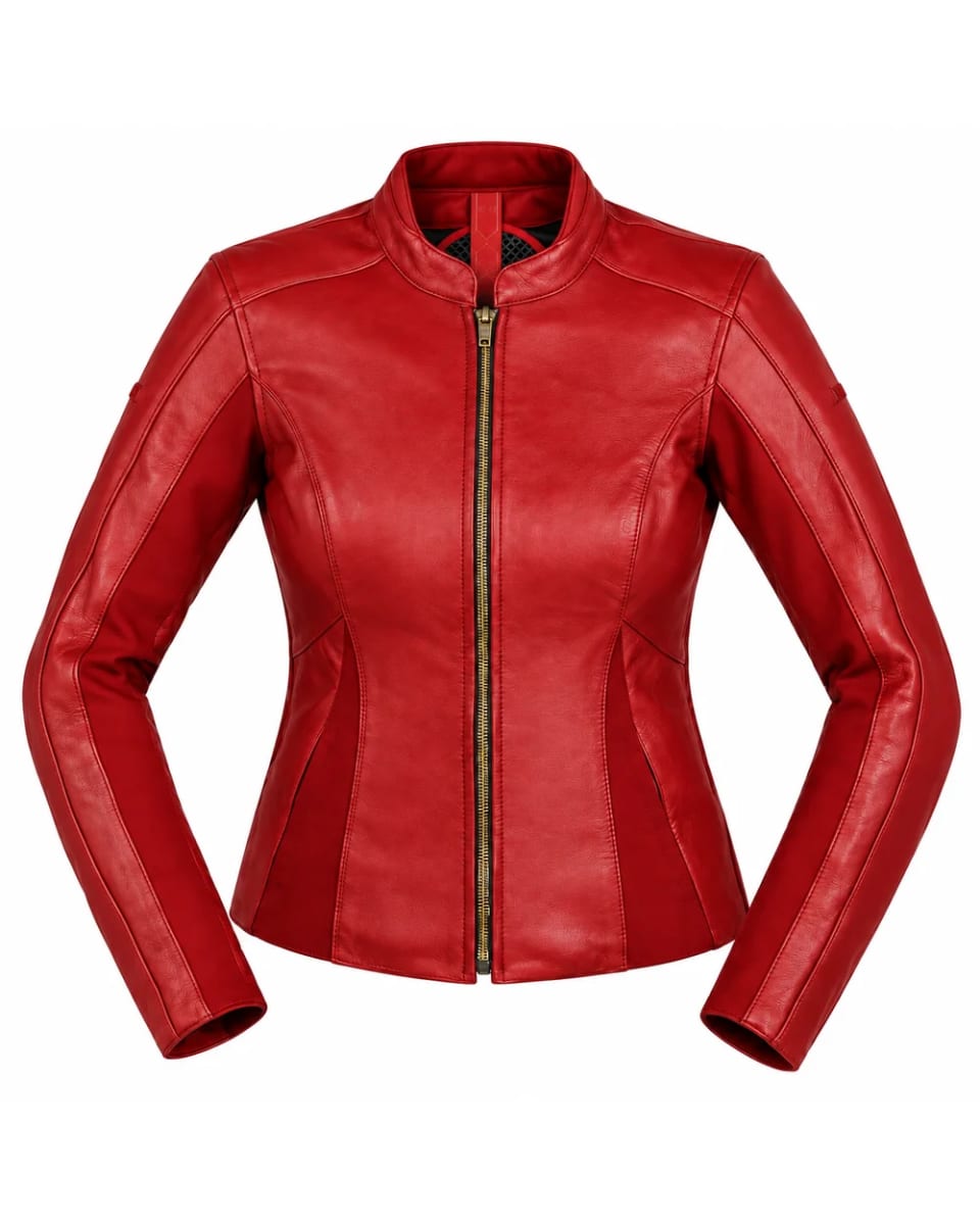 Chaqueta de cuero para mujer – Rojo – paneles entallados y cremallera