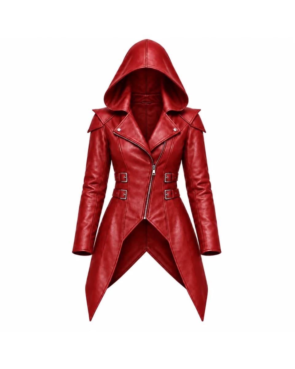 Cappotto in pelle da donna – Rosso – cappuccio e fondo posteriore allungato, stile gotico