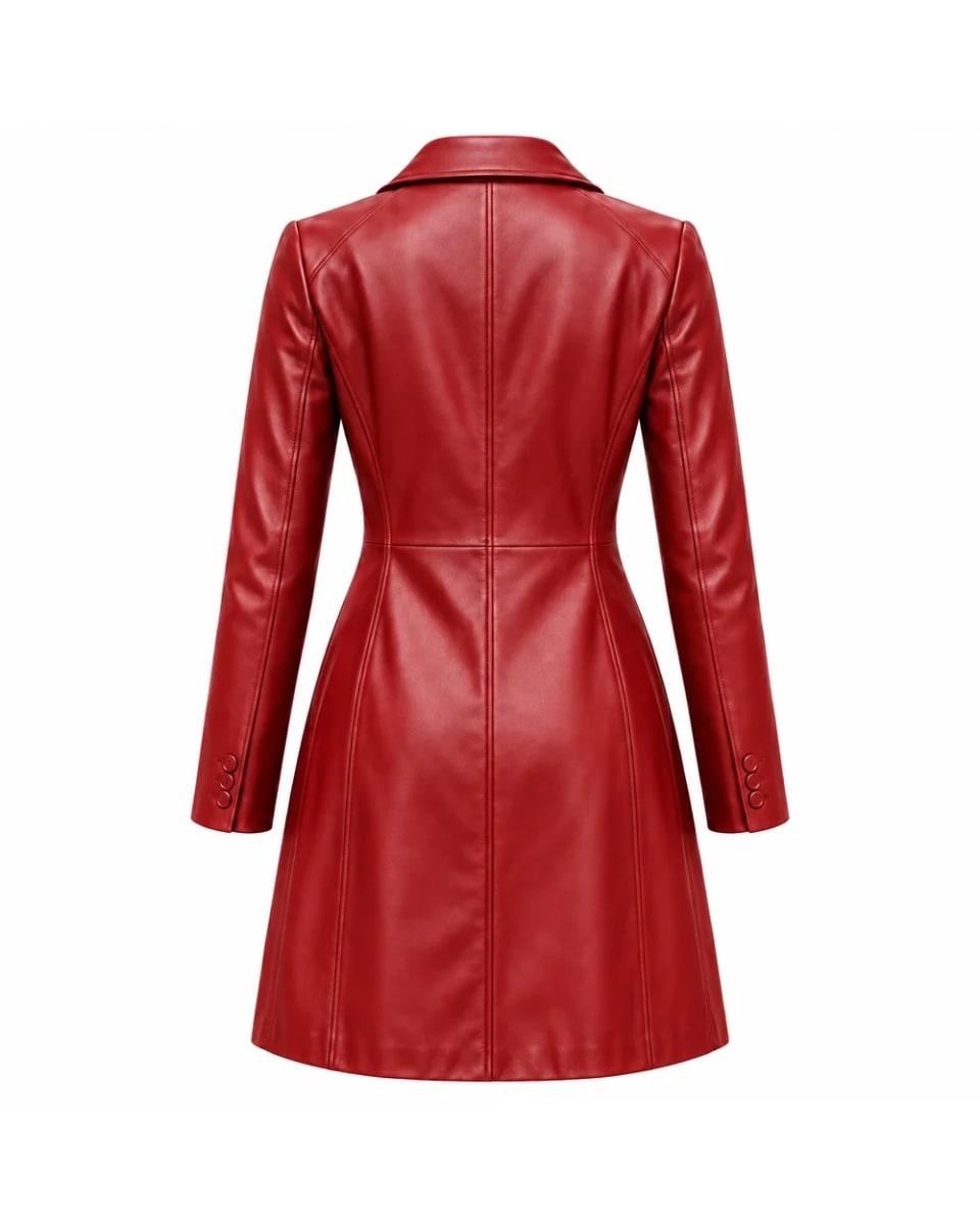 Manteau en cuir pour femme – Rouge – coupe longue et ajustée