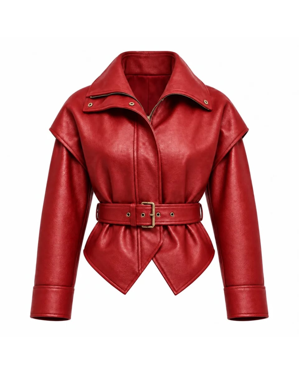 Veste en cuir pour femme – Rouge – ourlet pointu et ceinture