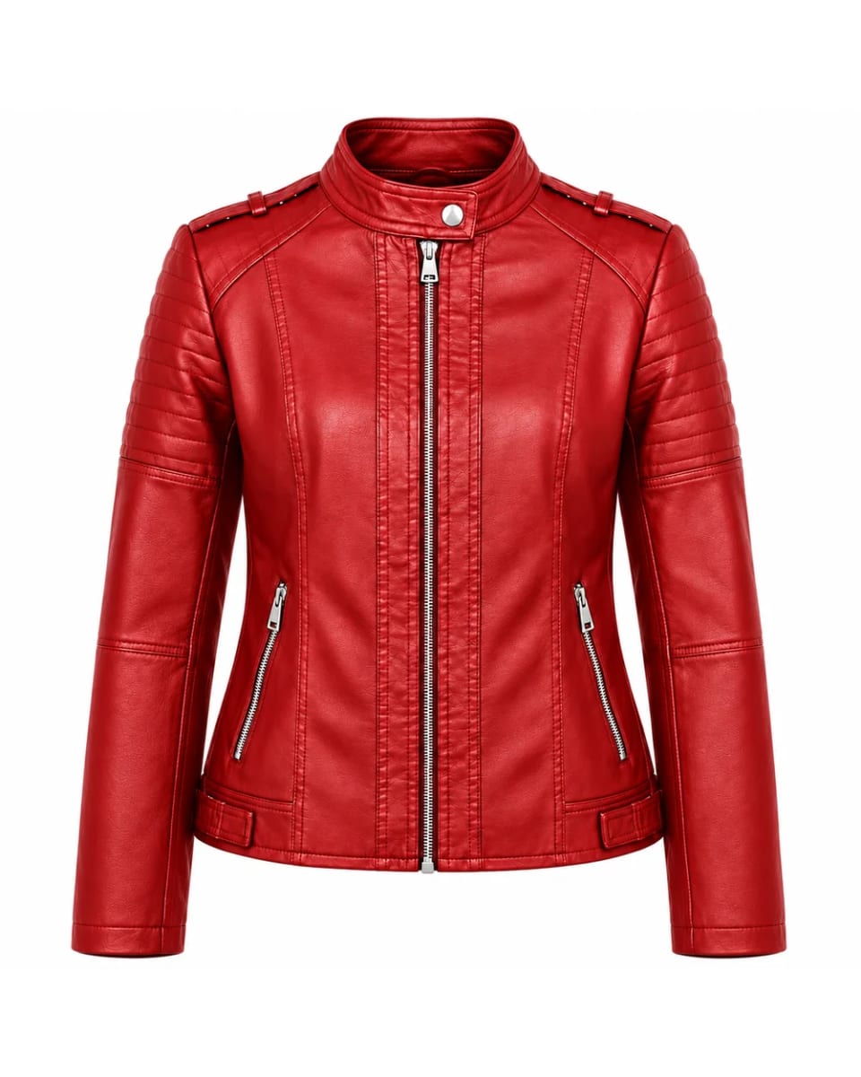 Veste en cuir pour femme – Rouge – empiècements matelassés, style motard