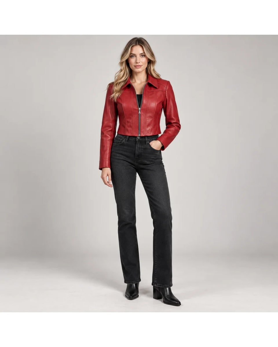 Chaqueta de cuero para mujer – Rojo – corte corto con cremallera