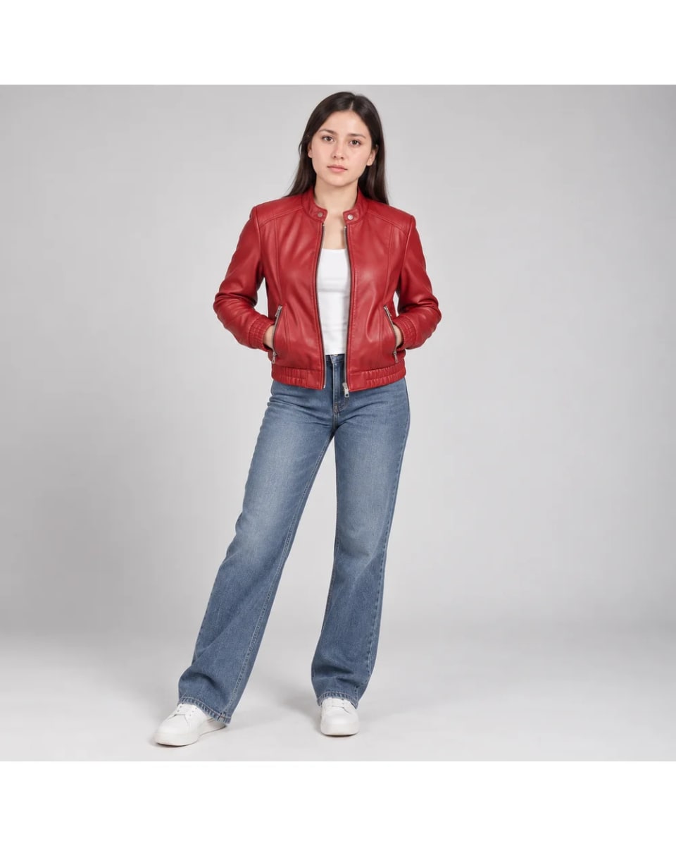 Giacca in pelle da donna – Rosso – collo con linguetta