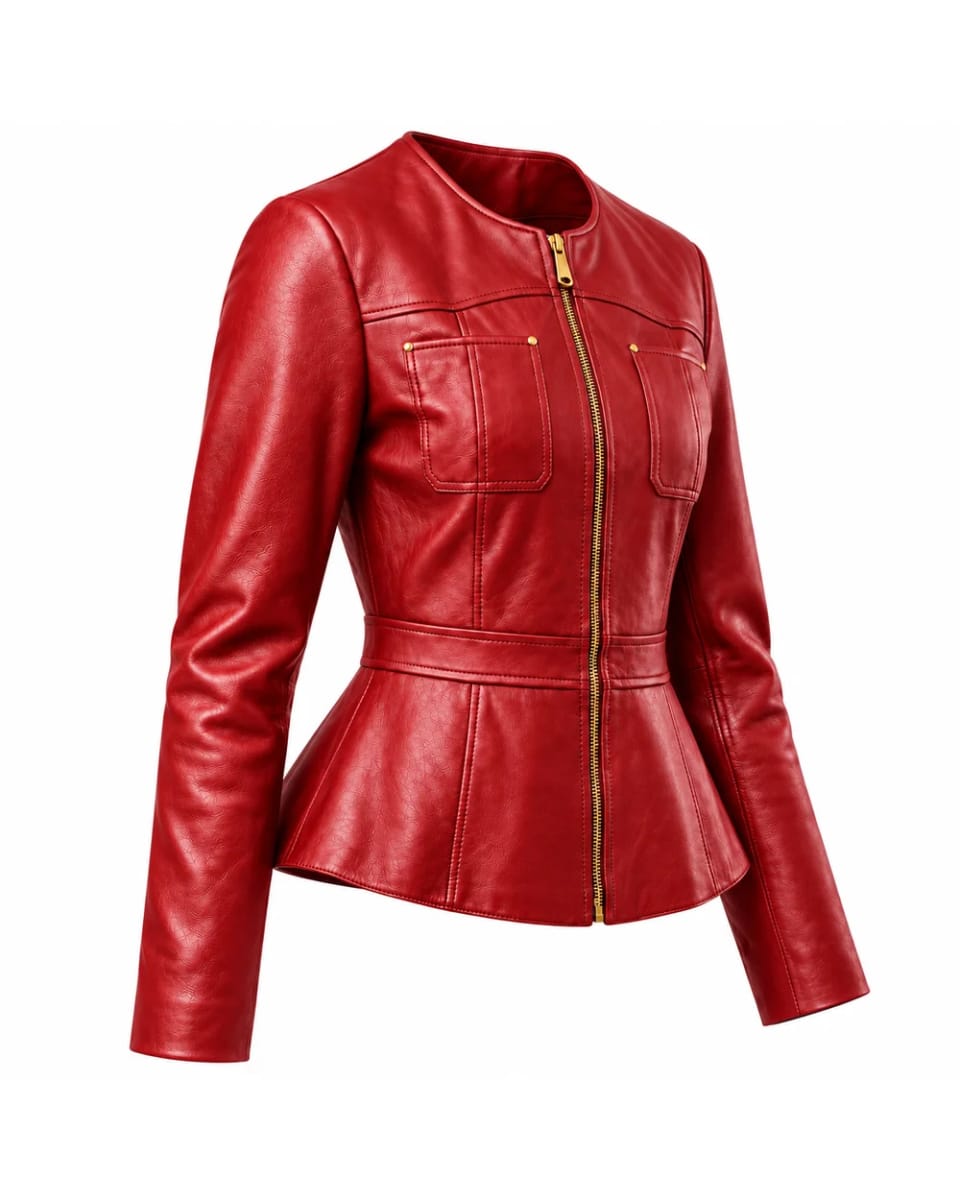 Haut en cuir pour femme – Rouge – couture à la taille et zip