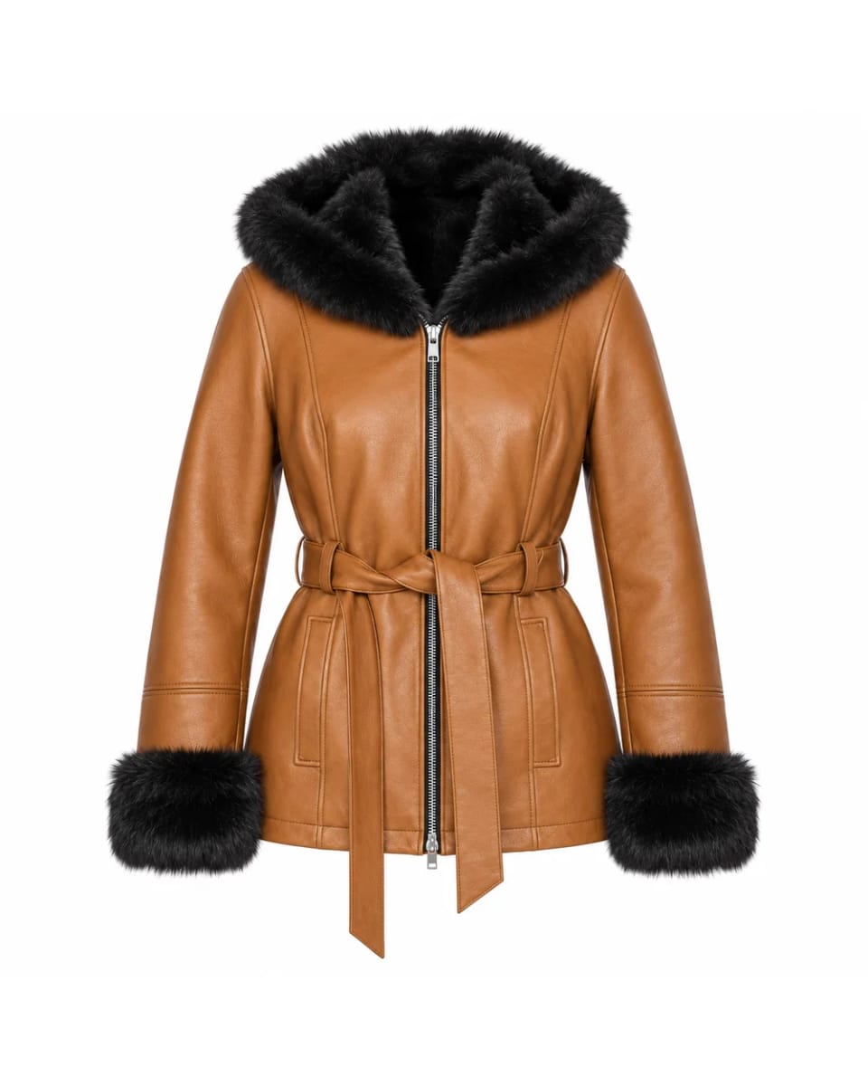 Ledermantel für Damen – Hellbraun – Kapuze, Fellbesatz und Gürtel