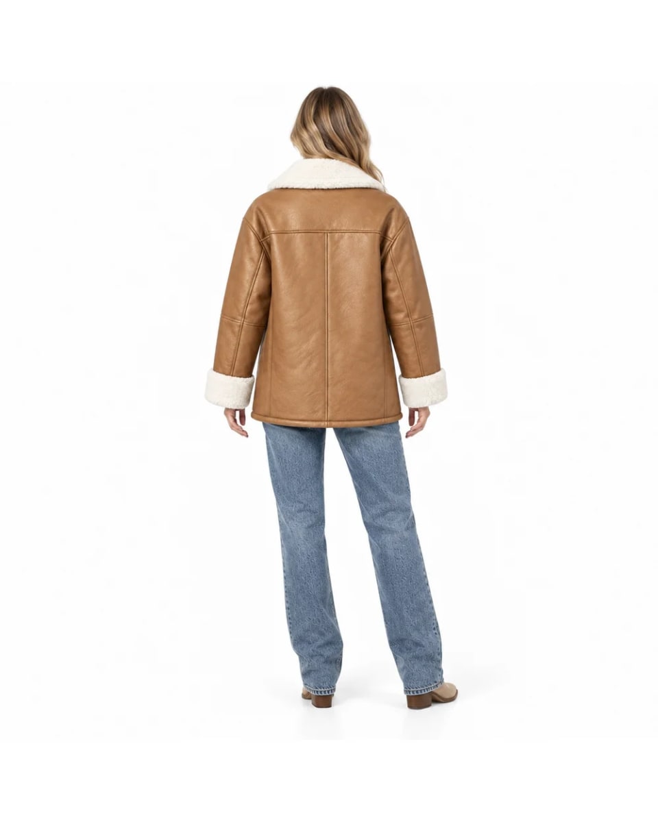 Manteau en cuir pour femme – Fauve – finitions crème