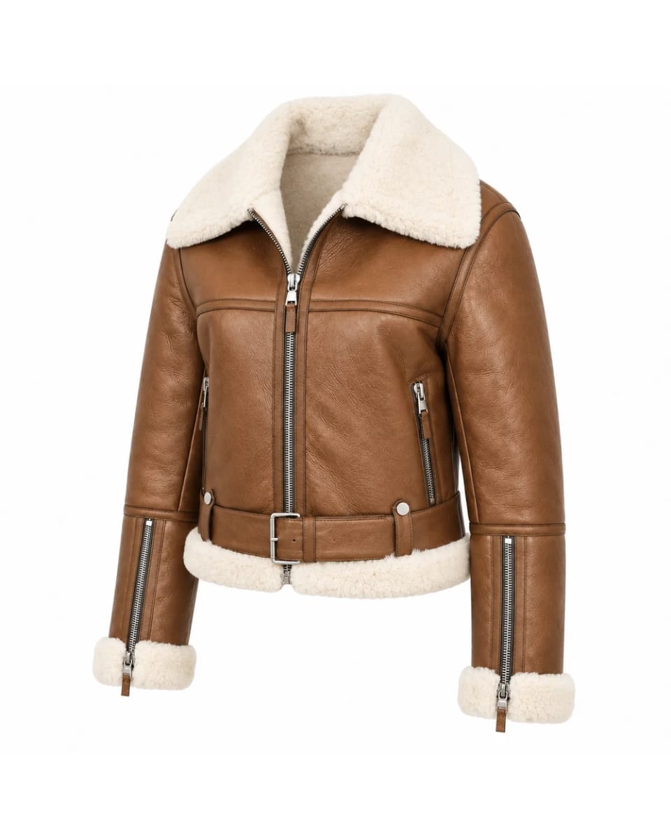 Lederjacke für Damen – Hellbraun – cremefarbene Abschlüsse und Reißverschlusstaschen