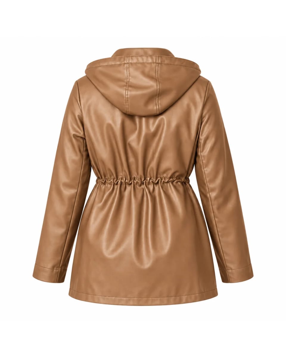 Giacca in pelle da donna – Cuoio – cappuccio e coulisse in vita