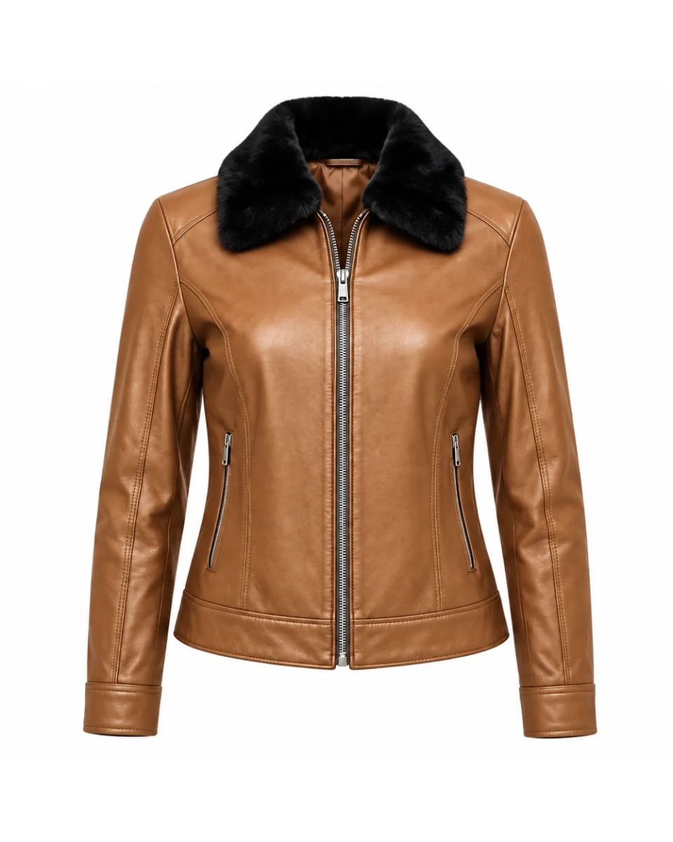 Giacca in pelle da donna – Cuoio – taglio aderente e collo con bordo in pelliccia