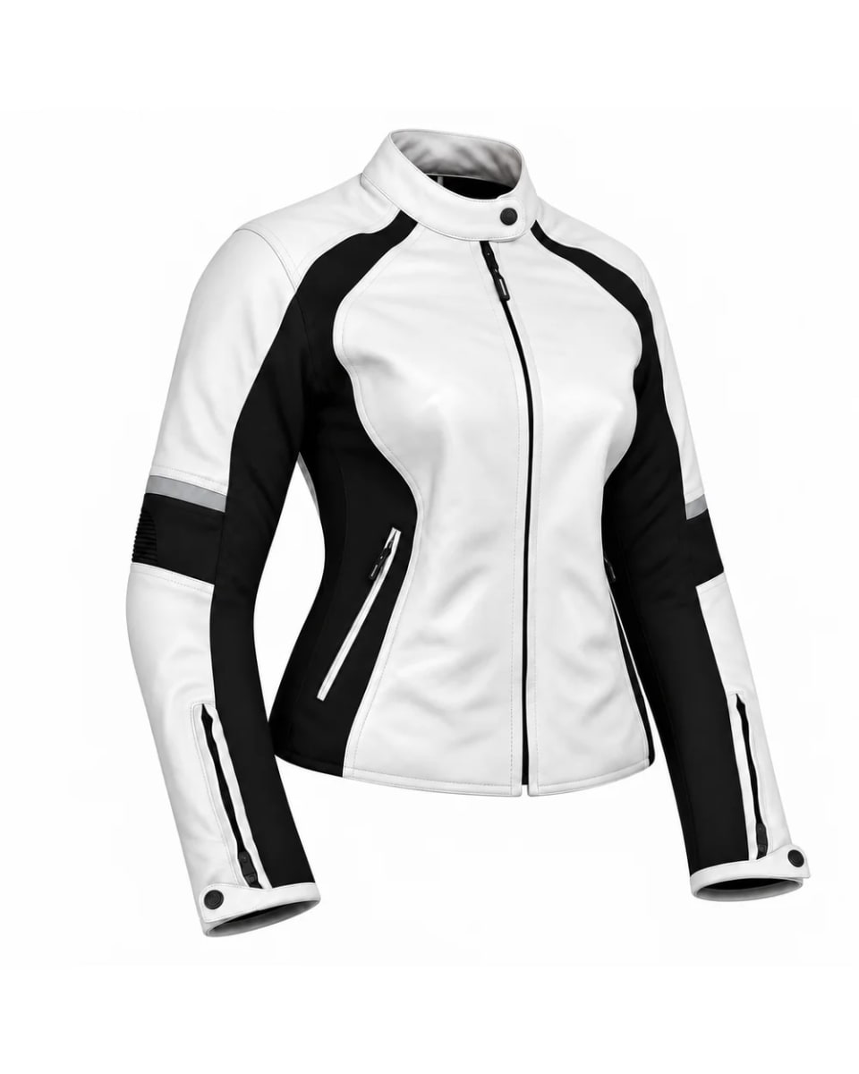 Giacca in pelle da donna – Bianco / Nero – inserti a contrasto, stile motociclista