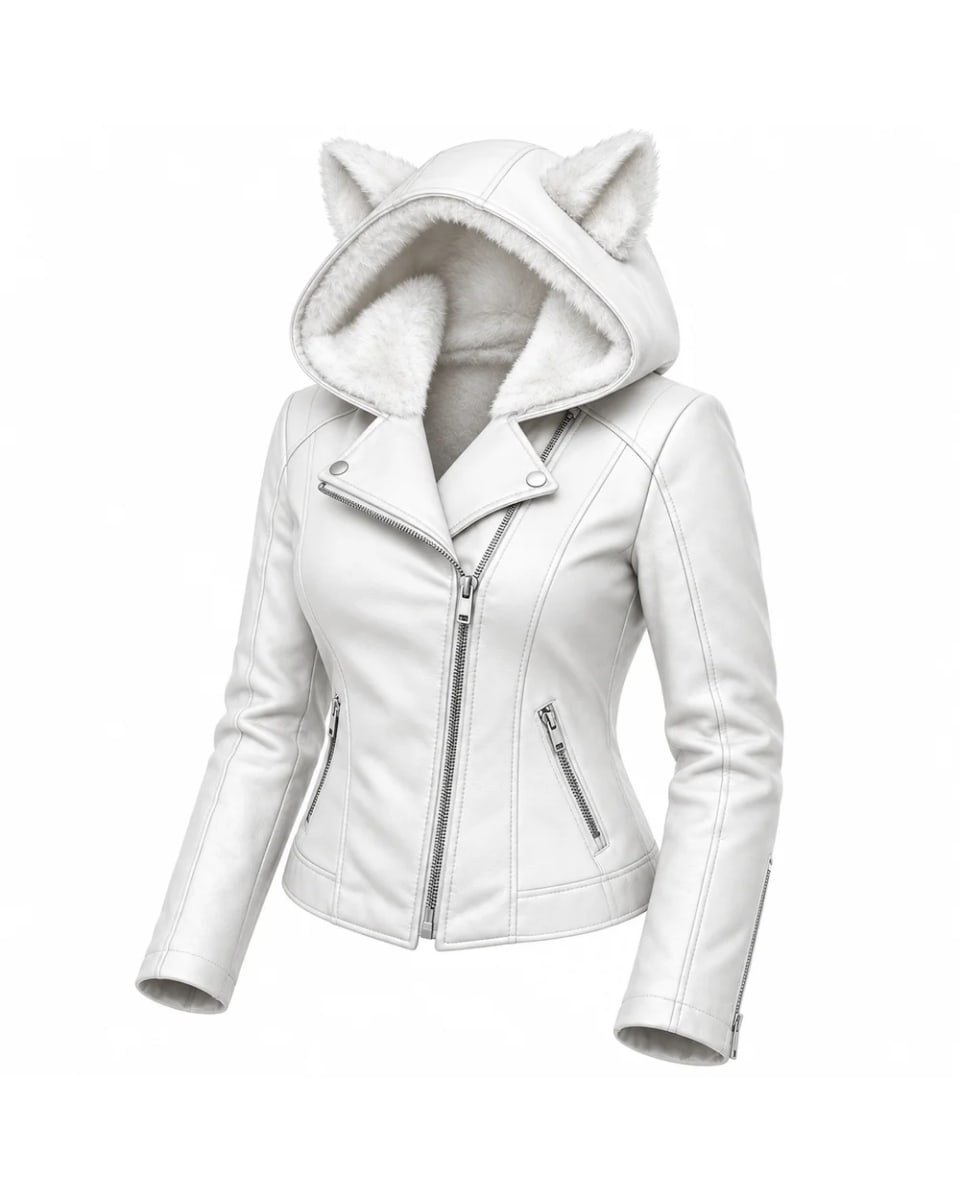 Veste en cuir pour femme – Blanc – capuche à oreilles de chat