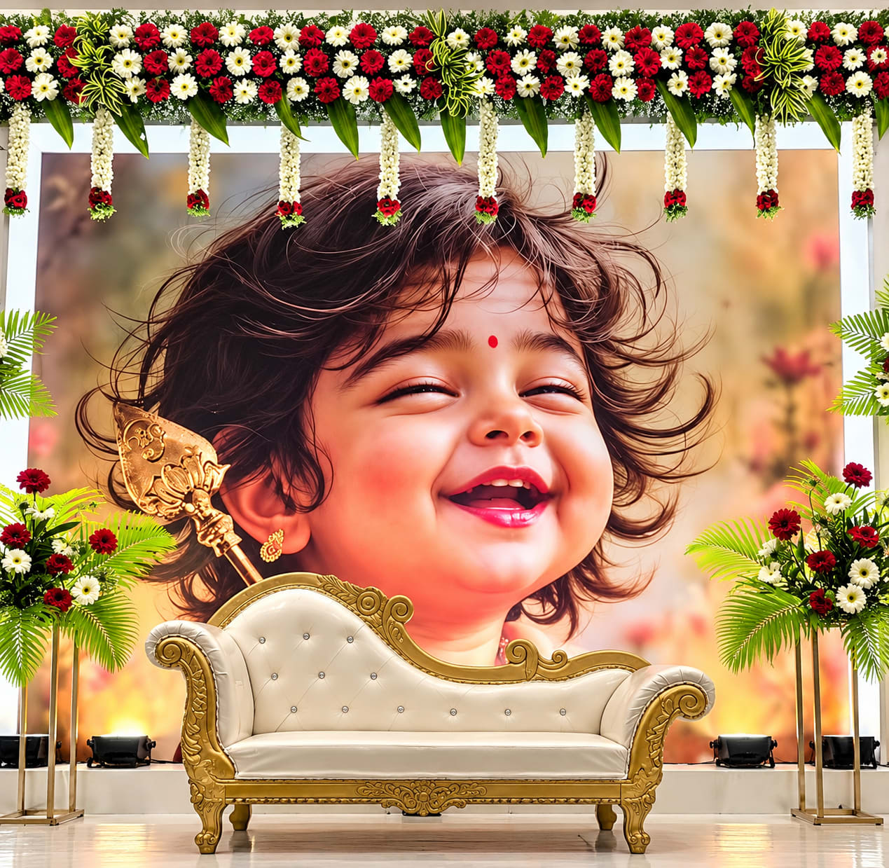 Joyful Toddler Floral Celebration Stage — Royal Decor baby shower styling in Thanjavur