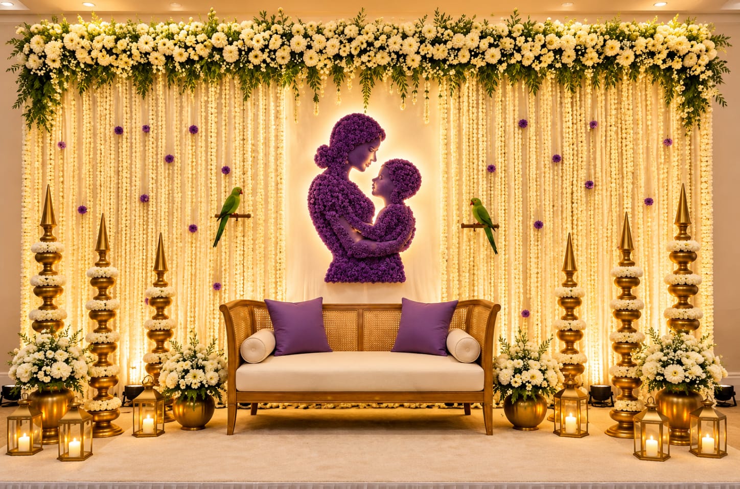 Lavish Purple and Gold Baby Shower Stage — Royal Decor baby shower styling in Thanjavur