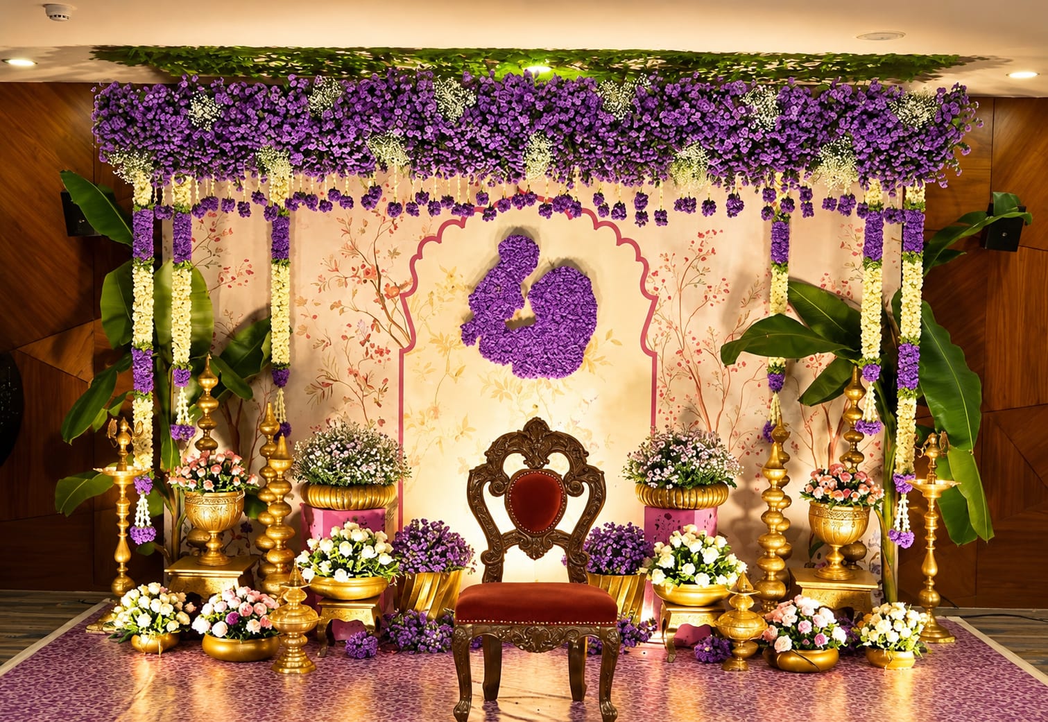 Lavish Purple Floral Stage — Royal Decor baby shower styling in Thanjavur