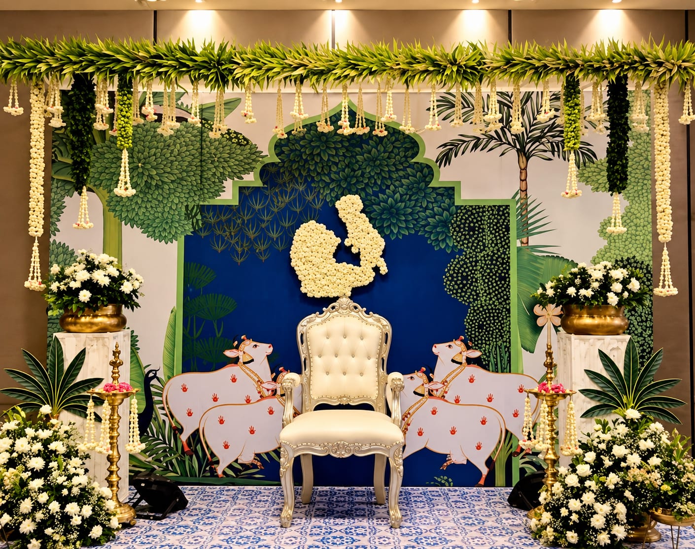 Ornate Floral Ceremony Throne Backdrop — Royal Decor baby shower styling in Thanjavur