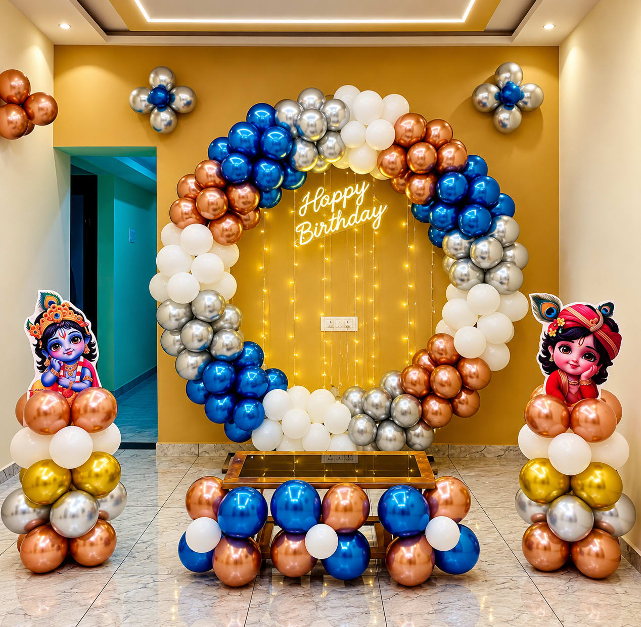 Elegant Blue and Rose Gold Birthday Backdrop — Royal Decor birthday events styling in Thanjavur