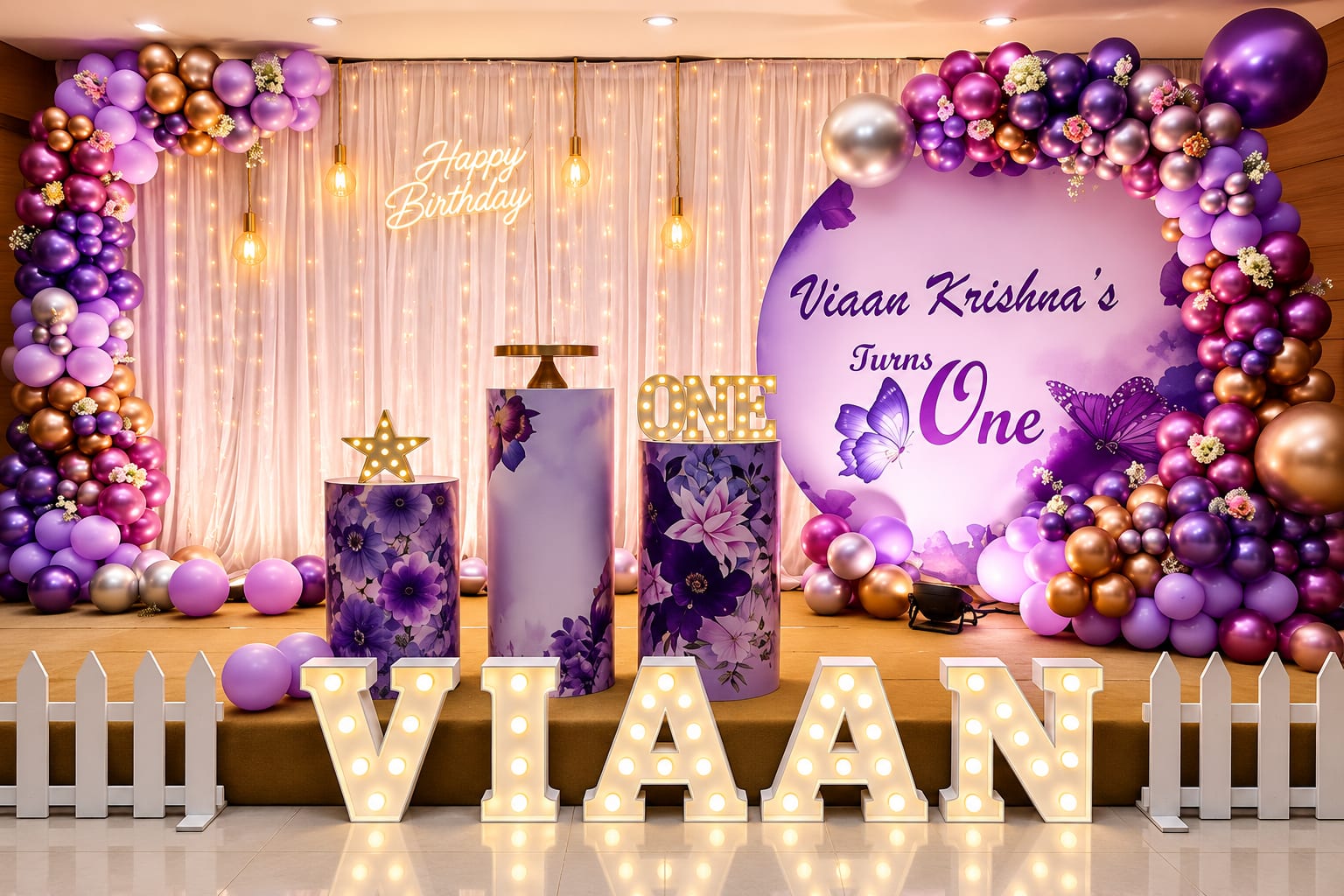 Lavender First Birthday Celebration Stage — Royal Decor birthday events styling in Thanjavur