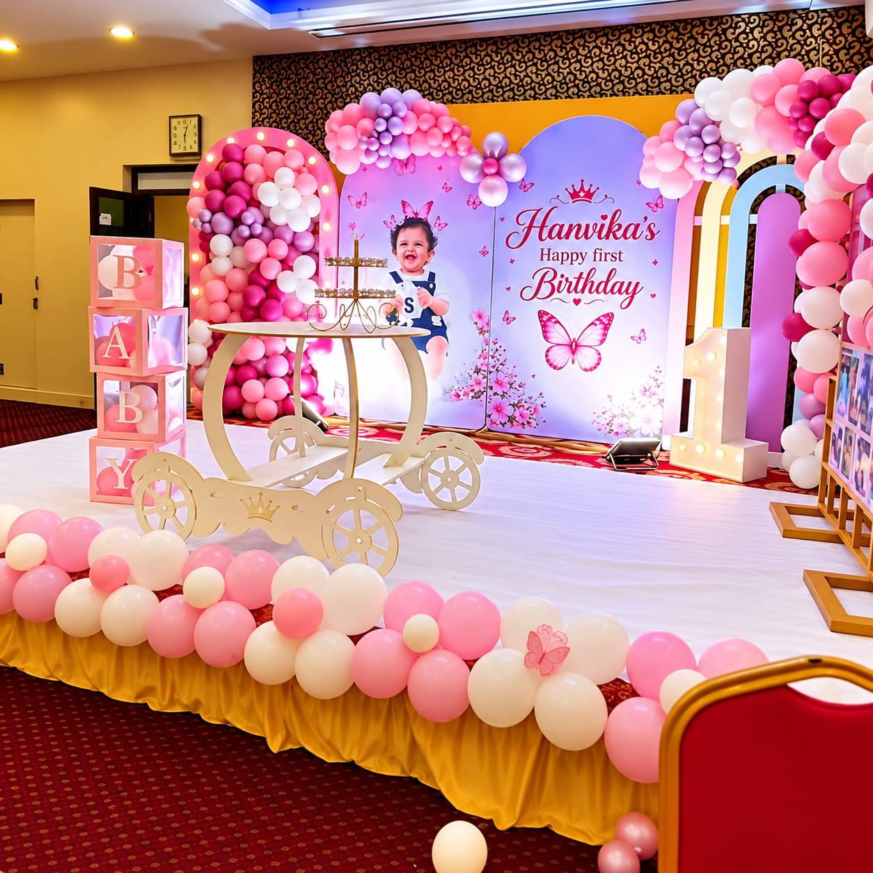 Pastel Butterfly Princess First Birthday Stage — Royal Decor birthday events styling in Thanjavur