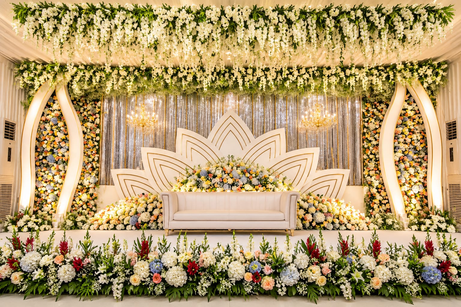 Opulent Symmetrical Floral Wedding Stage — Royal Decor engagement styling in Thanjavur