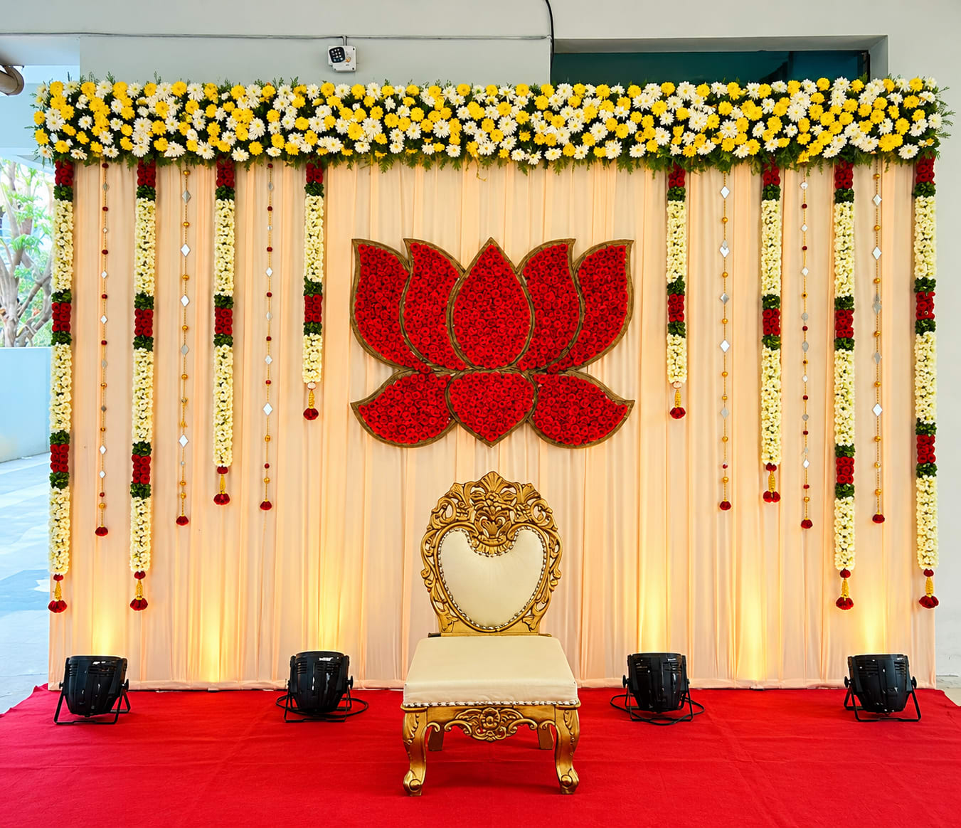 Ceremonial Floral Throne Backdrop — Royal Decor puberty styling in Thanjavur