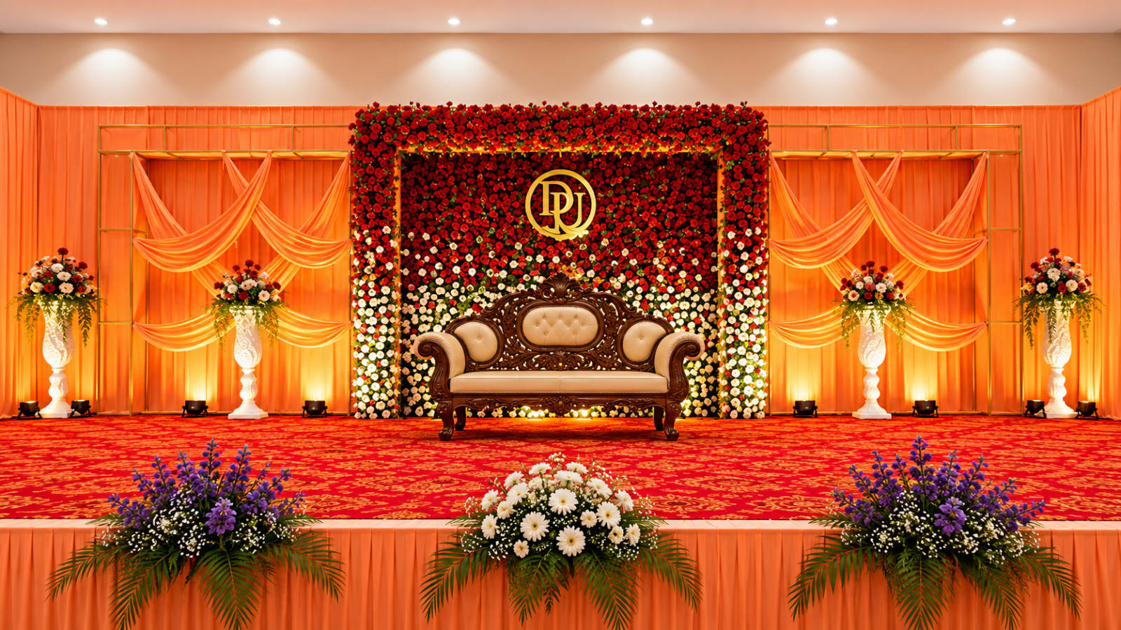 Luxurious Orange Floral Wedding Stage — Royal Decor wedding stages styling in Thanjavur