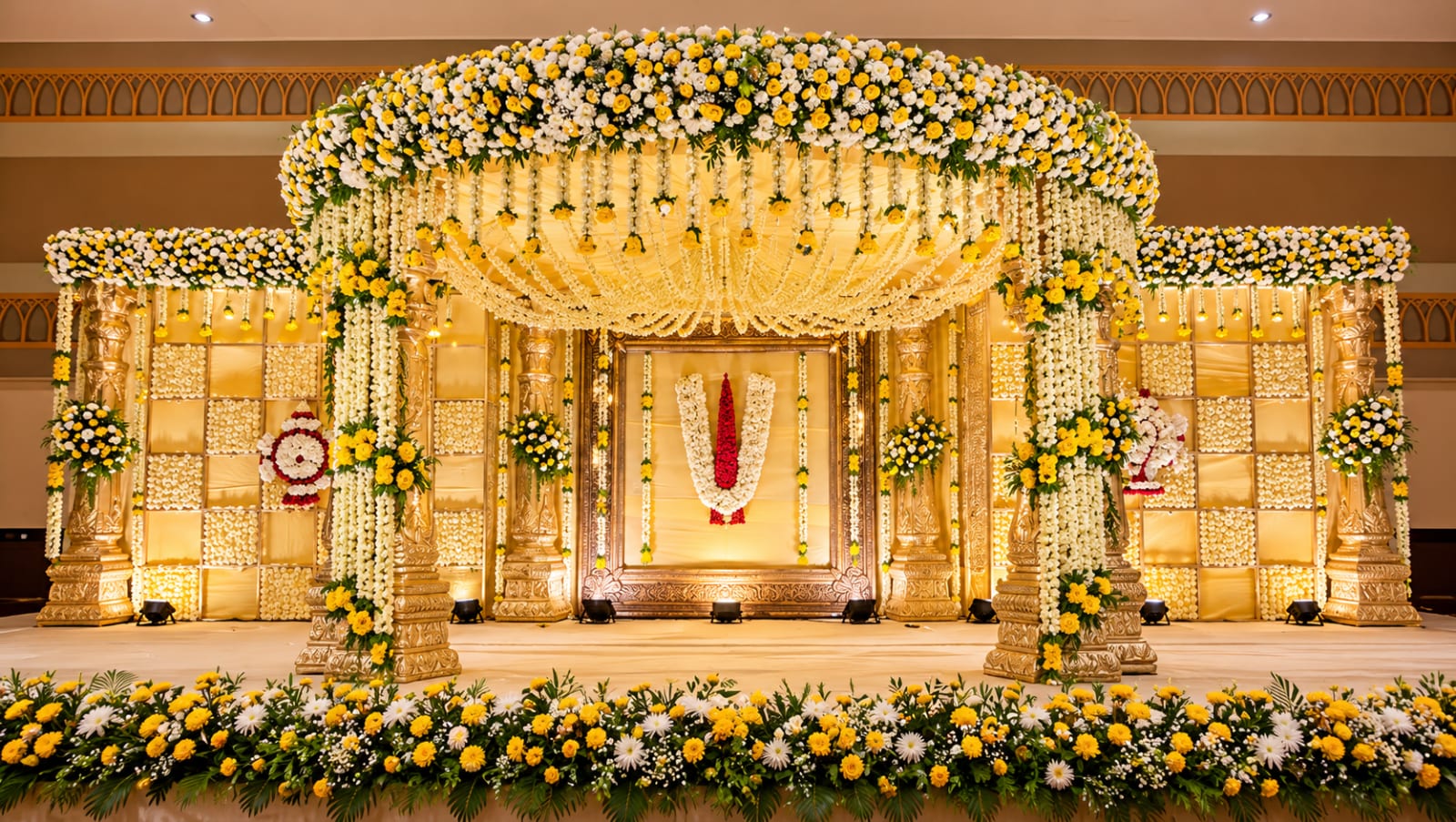 Opulent Golden Floral Wedding Mandap — Royal Decor wedding stages styling in Thanjavur