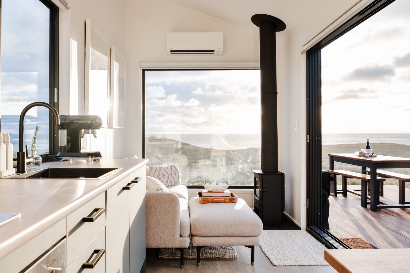 Red Rock Hut interior with ocean views