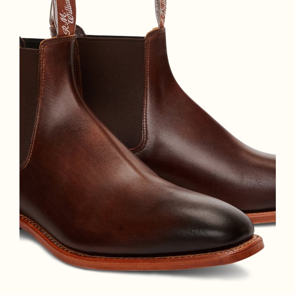 RM Williams Leather Chelsea Boots. Natural Sole Cognac Chinchilla Boots