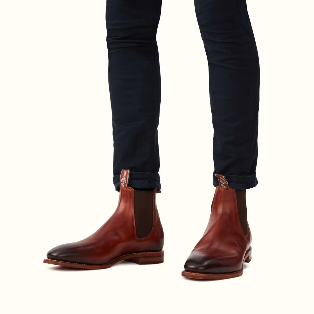 RM Williams Leather Chelsea Boots. Natural Sole Cognac Chinchilla