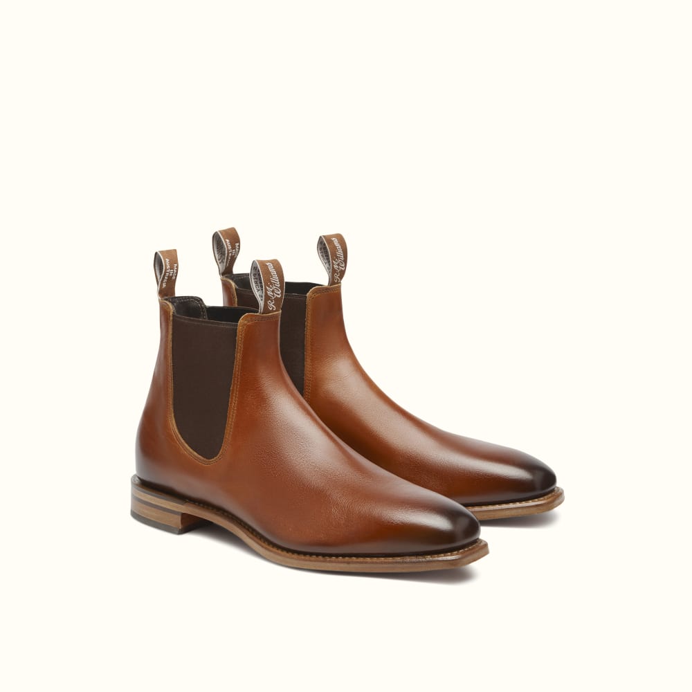 RM Williams Leather Chelsea Boots. Natural Sole Cognac Chinchilla Boots