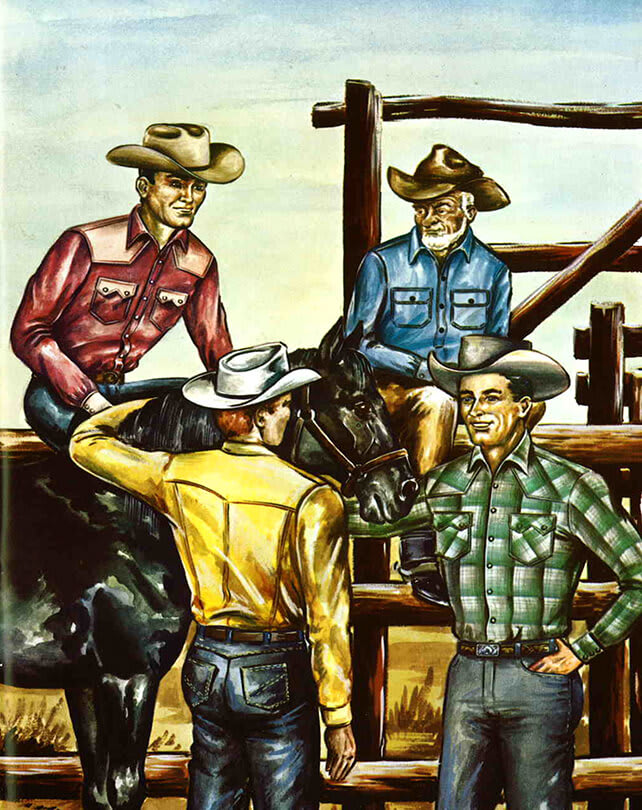 illustration of 4 men leaning on a fence with their horses