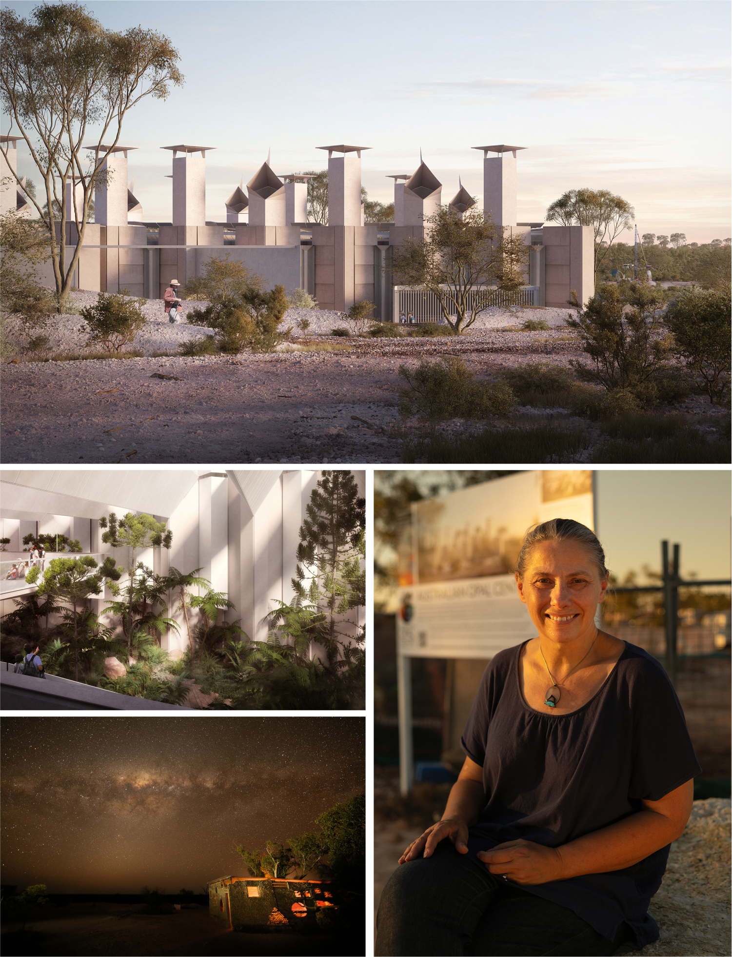 CLOCKWISE FROM TOP: An artist’s impression of the Australian Opal Centre (AOC);  AOC CEO Jenni Brammall at the site of the proposed  new building; making the best of available resources at the wacky beer-can shack in Lightning Ridge; an imagined garden in the AOC.