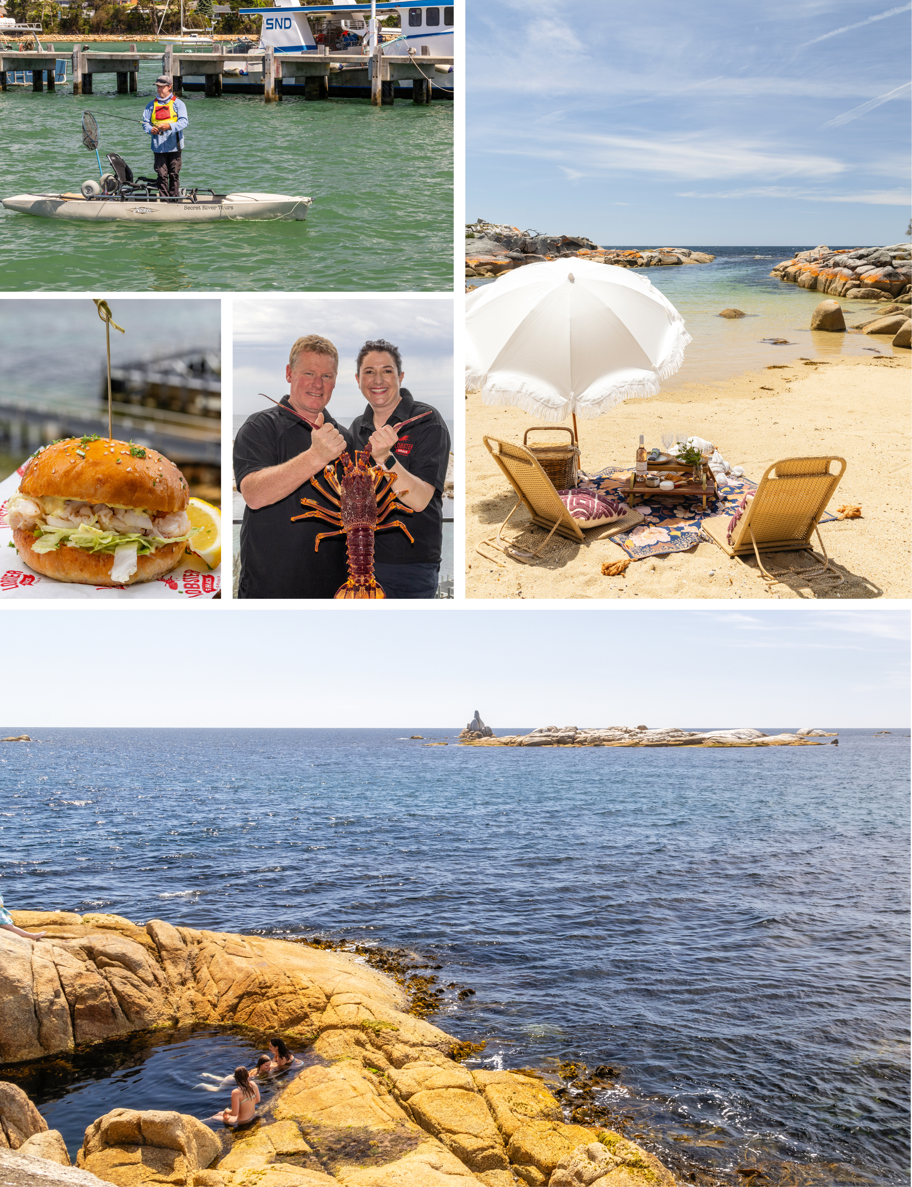  CLOCKWISE FROM ABOVE: Mermaids Pool, with Sloop Rock in the distance; lobster roll from the Lobster Shack at Bicheno; Mark Locke runs kayak fishing tours from St Helens Wharf; Melissa Harbrow’s pop-up picnic on the beach at Binalong Bay; Marcus and Sara Walkem with the catch of the day.