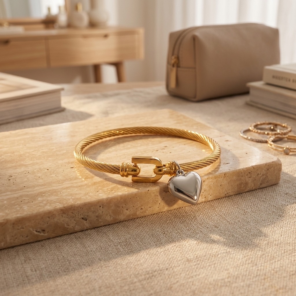 Golden Heart Charm Bangle