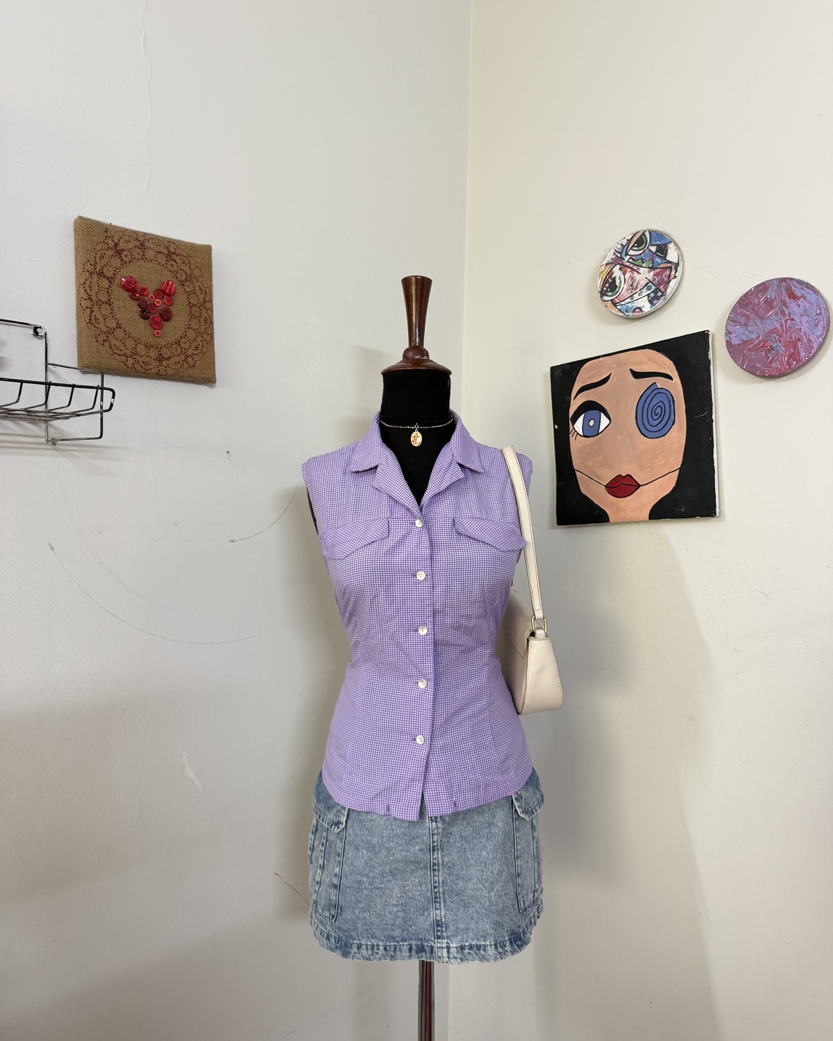 Purple Gingham Sleeveless Button Down