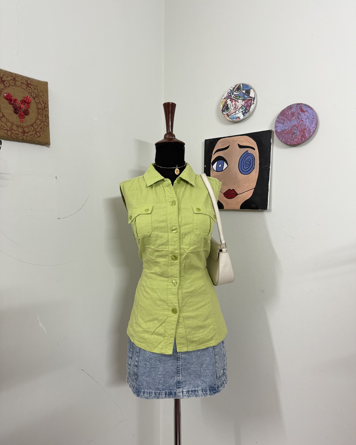 Green Sleeveless Button-Down Shirt