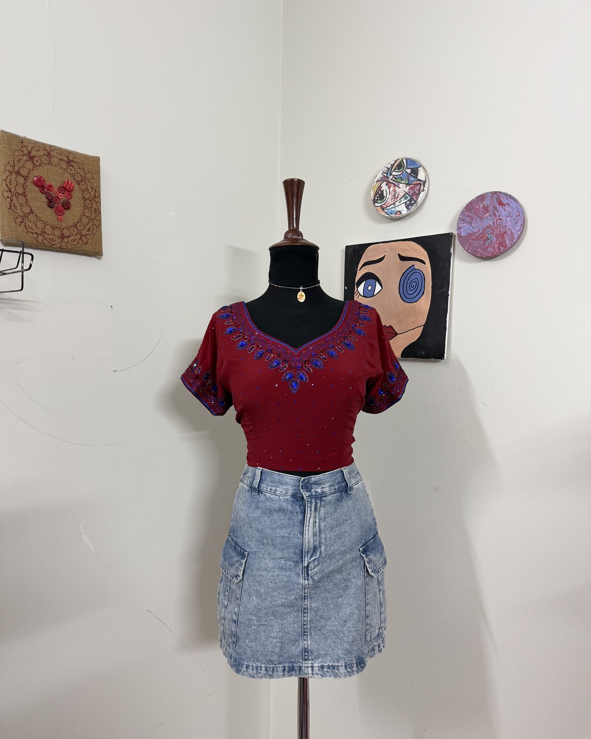 Maroon Blouse with Blue Embellishment
