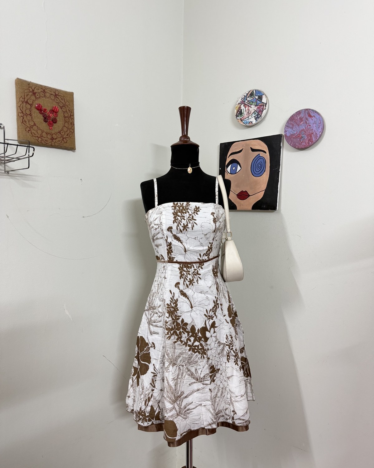 Y2K Brown and White Floral Dress