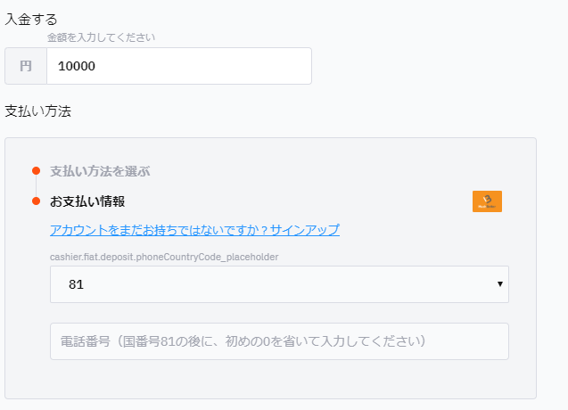 ビットカジノでの入金画面（マッチベター）
